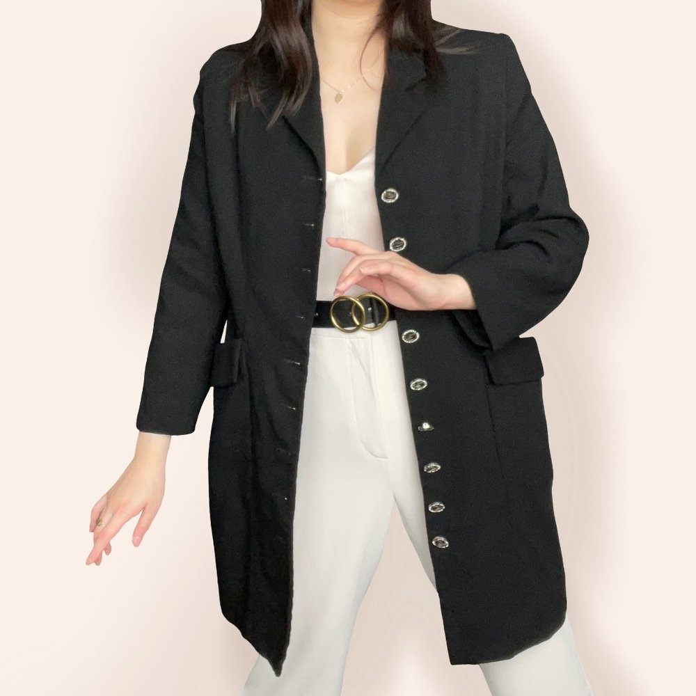 Vintage long black blazer w/ rhinestone buttons